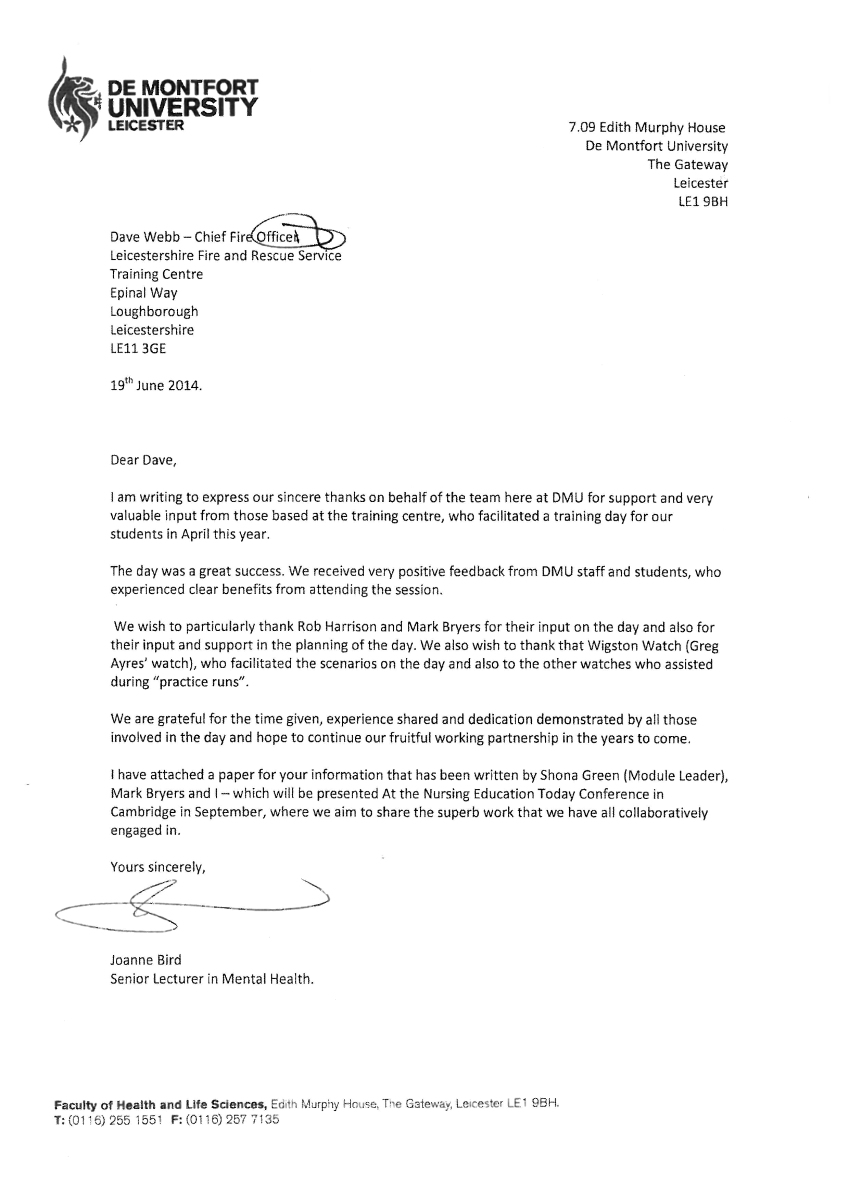 Letter of Thanks  Leicestershire Fire and Rescue Service